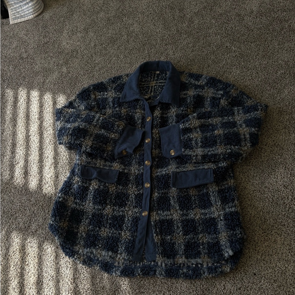 Plaid Teddy Button Down Oversized Shacket - Blue … - image 4